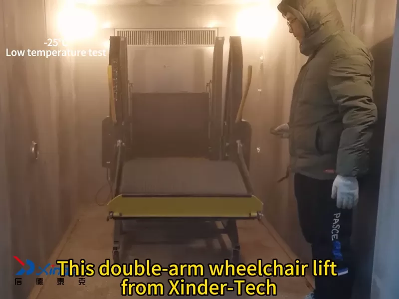 Esta prueba de condiciones de trabajo de baja temperatura de elevación de silla de ruedas de doble brazo